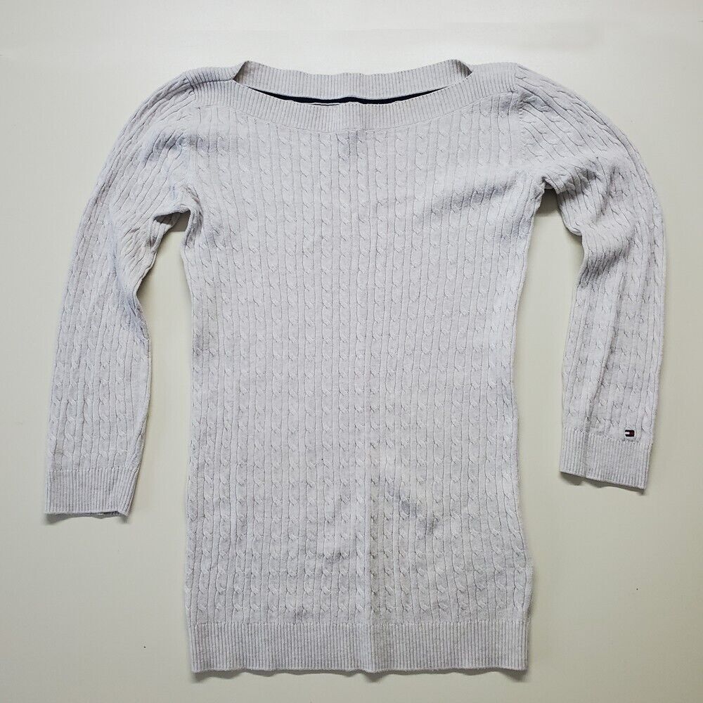 Tommy Hilfiger Women's Oatmeal Light Grey Cable Knit Pima Cotton Sweater XS